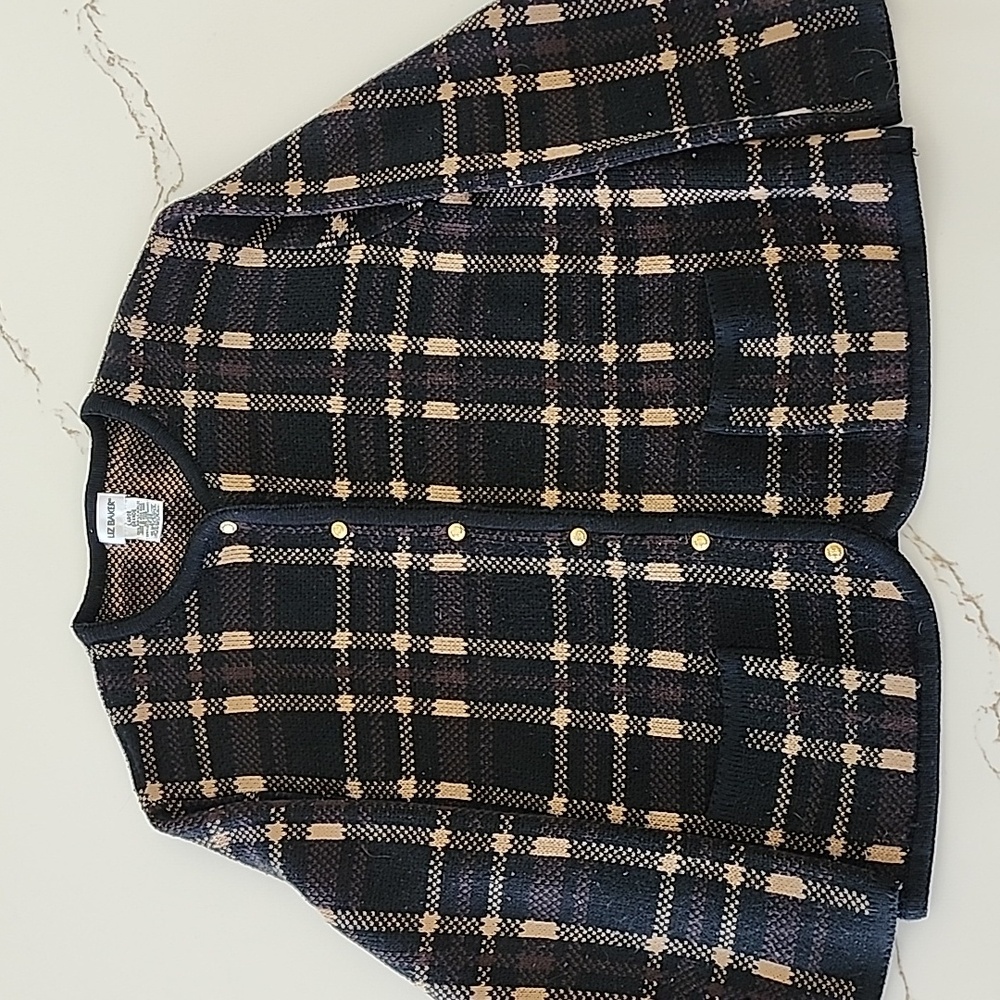 VINTAGE LIZ BAKER Womens Plaid Tan Brown Button Up Cardigan Sweater Size XL